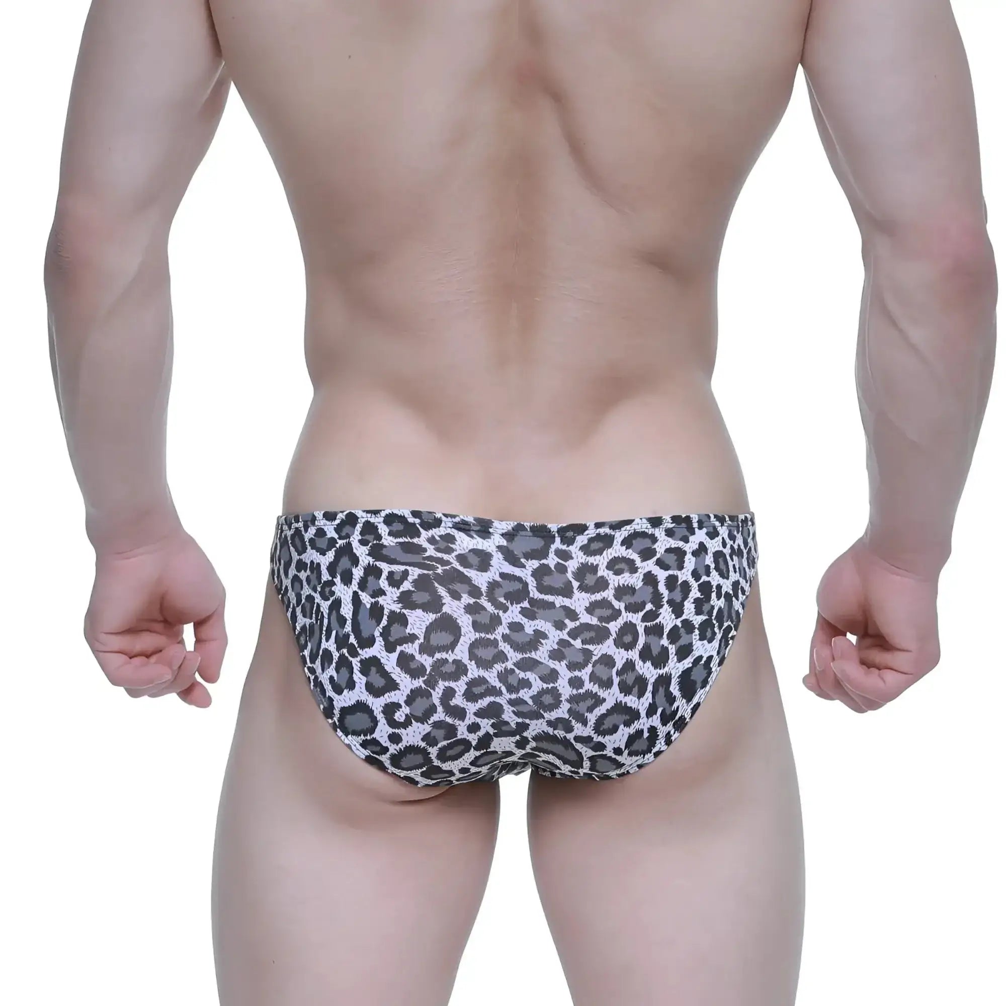 Black and white leopard-print swim trunks metroMalewear leopard hip bikini suitable for beach and pool use