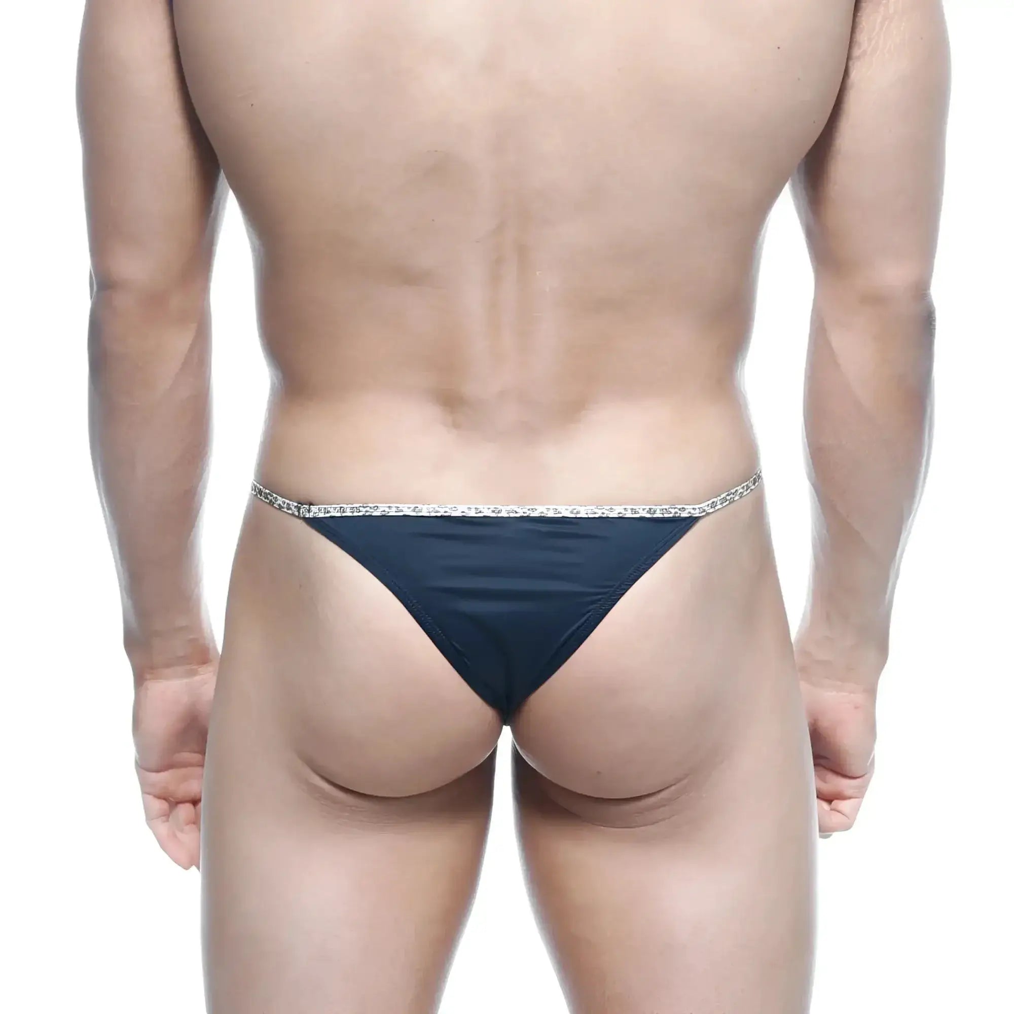 Black thong with sparkling silver trim from metromalewear leopard string bikini 2105-20 showing front side