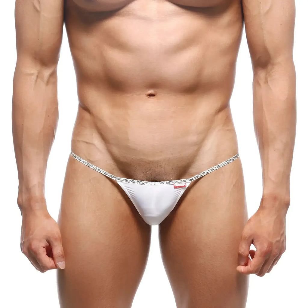 White metro malewear leopard thong featuring a decorative patterned waistband and comfortable thong design