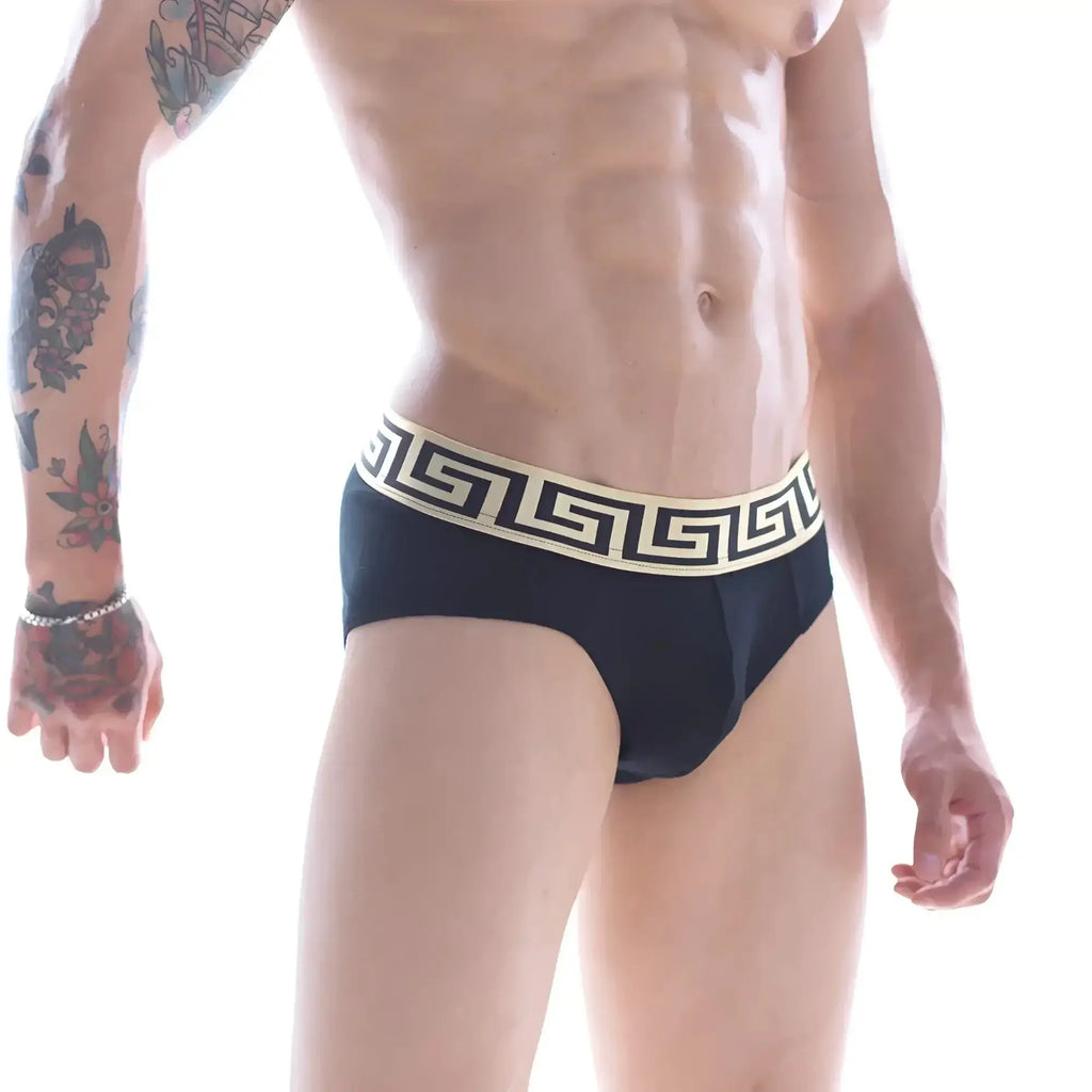 Black MetroMaleWear limited edition Grid hip briefs featuring a cream Greek key patterned waistband