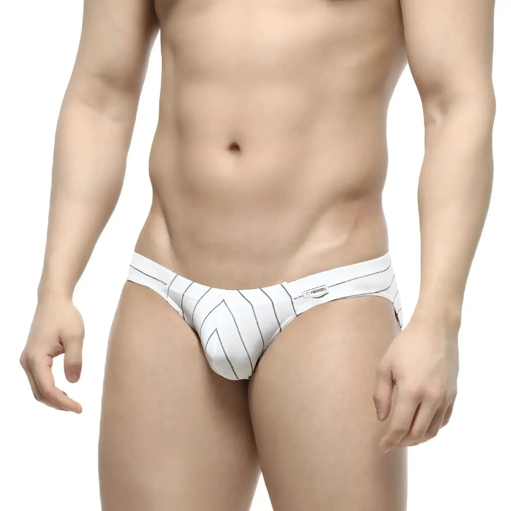 MetroMaleWear linea bikini 5103-19 white briefs with black vertical pinstripes and a small waistband brand tag
