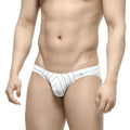 MetroMaleWear linea bikini 5103-19 white briefs with black vertical pinstripes and a small waistband brand tag