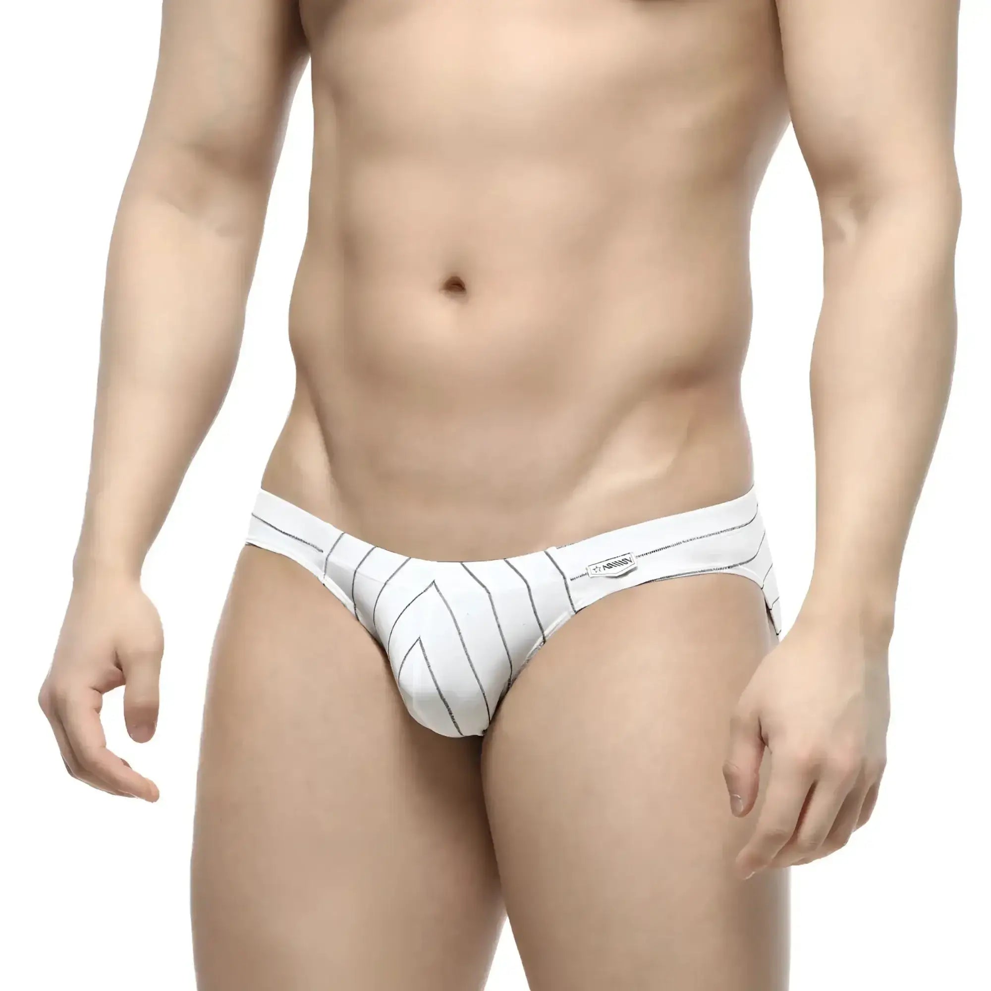 MetroMaleWear linea bikini 5103-19 white briefs with black vertical pinstripes and a small waistband brand tag