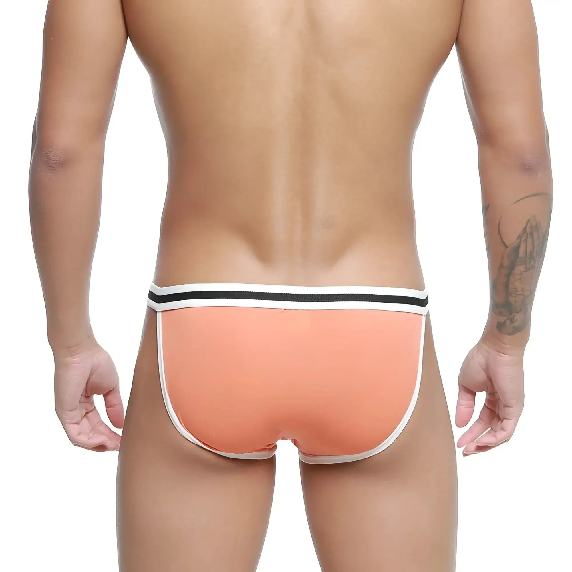 Coral-colored metro male wear link bikini briefs with white and black striped waistband in orange 3605-14 design