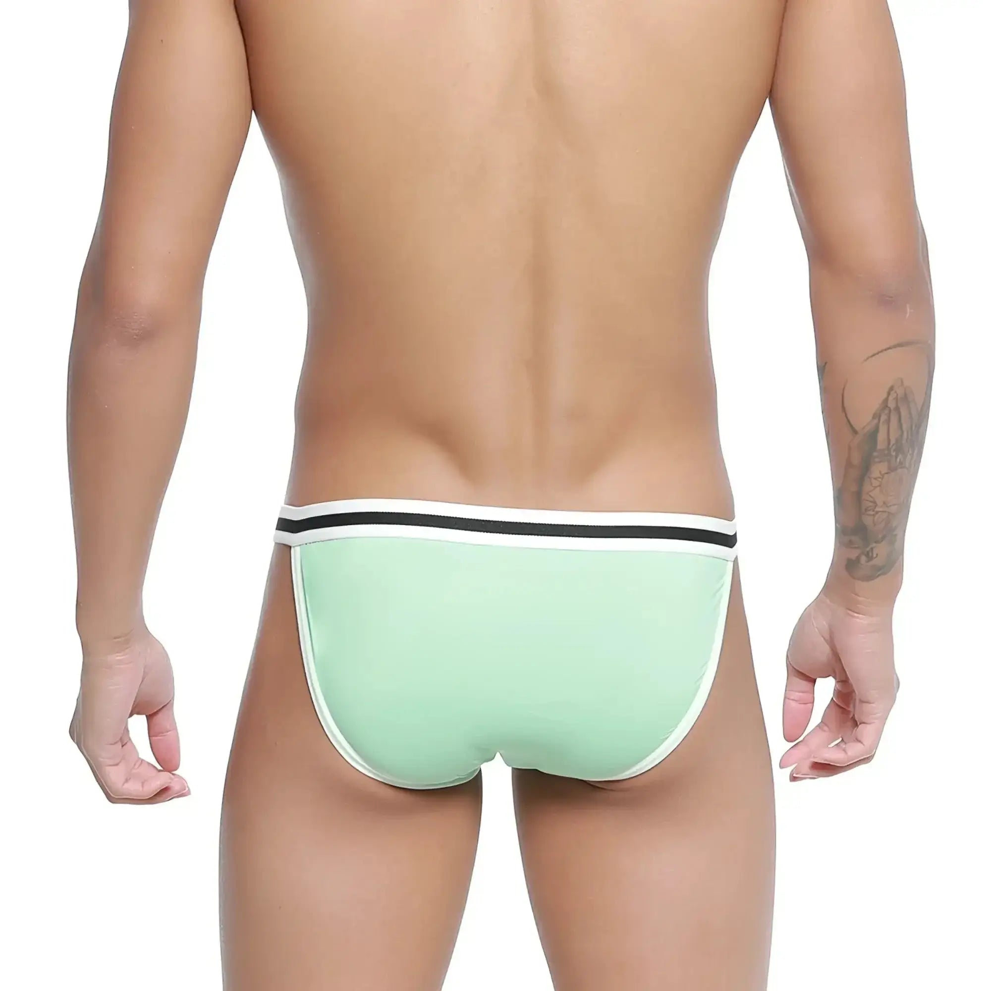 Mint green metroMalewear link bikini briefs with black and white striped waistband in soft breathable fabric