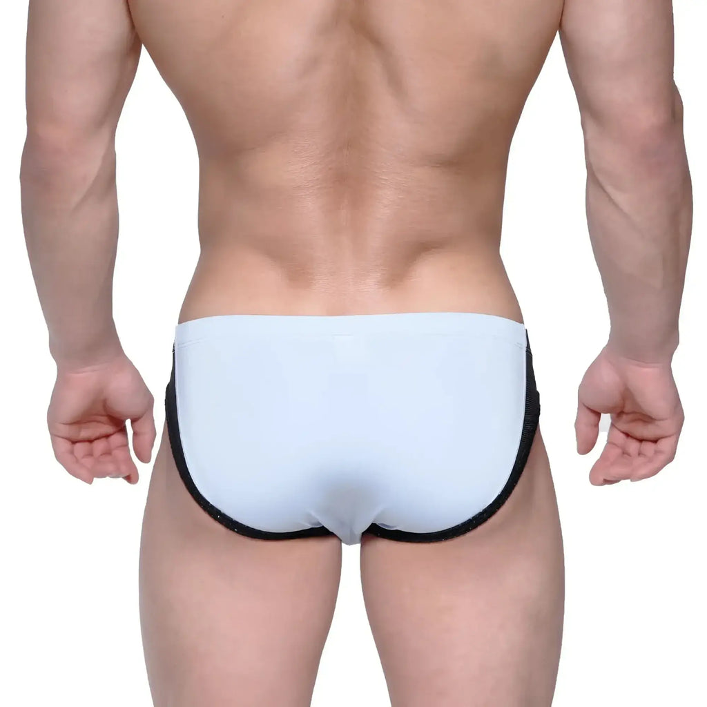 Light blue metro male wear lobo hip brief swim trunks with black trim designed for comfortable swimwear use