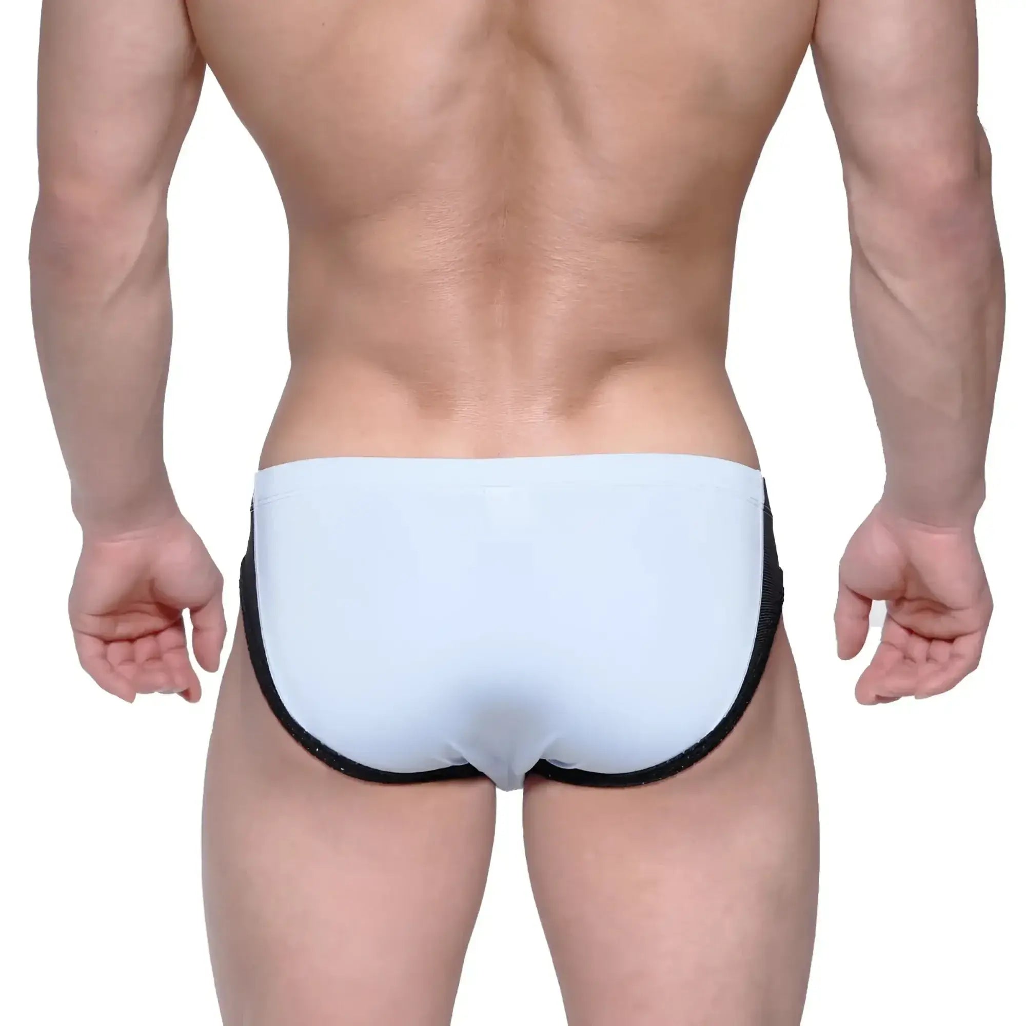 Light blue metro male wear lobo hip brief swim trunks with black trim designed for comfortable swimwear use