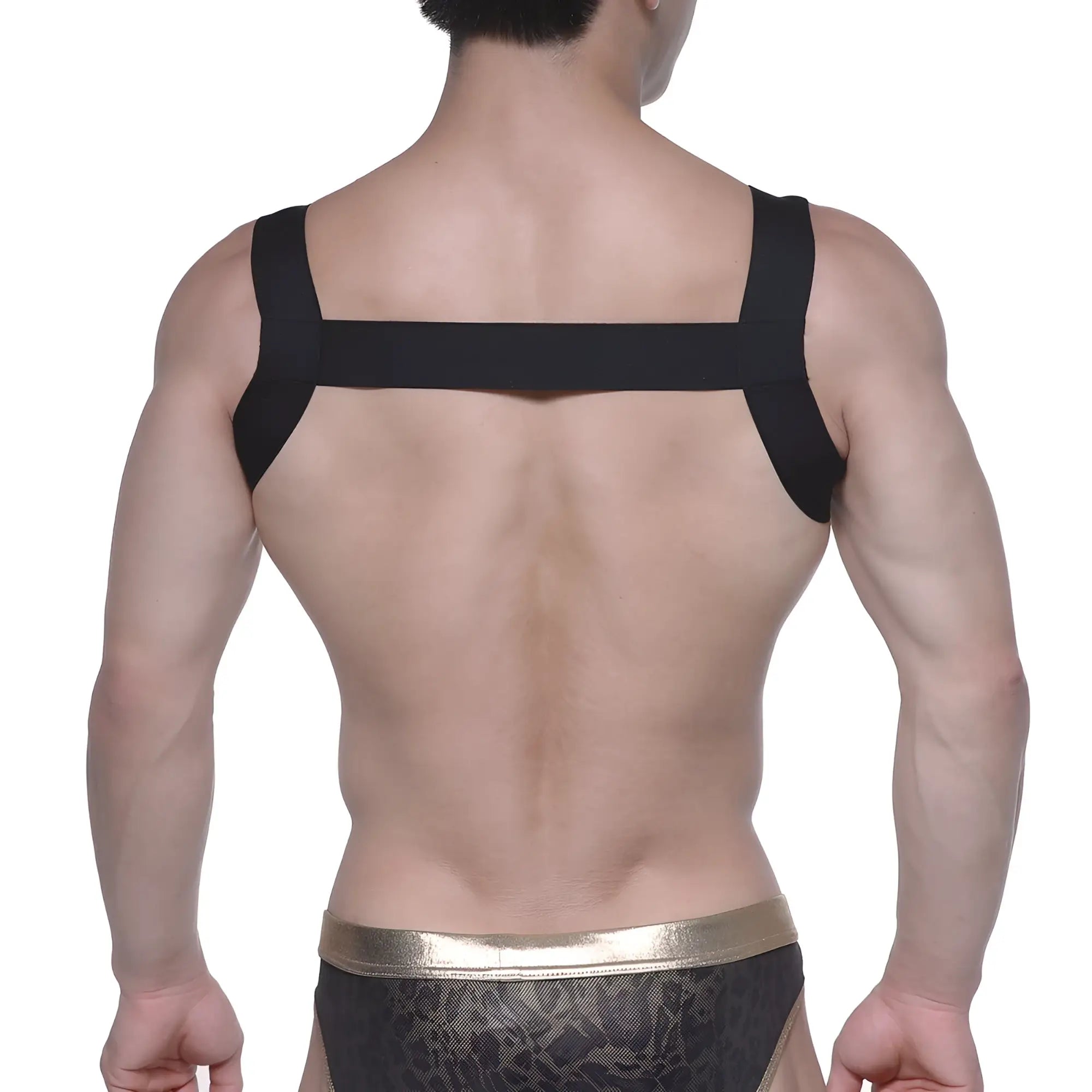 Back view of metro malewear logo harness black elastic strap with shoulder straps and central band