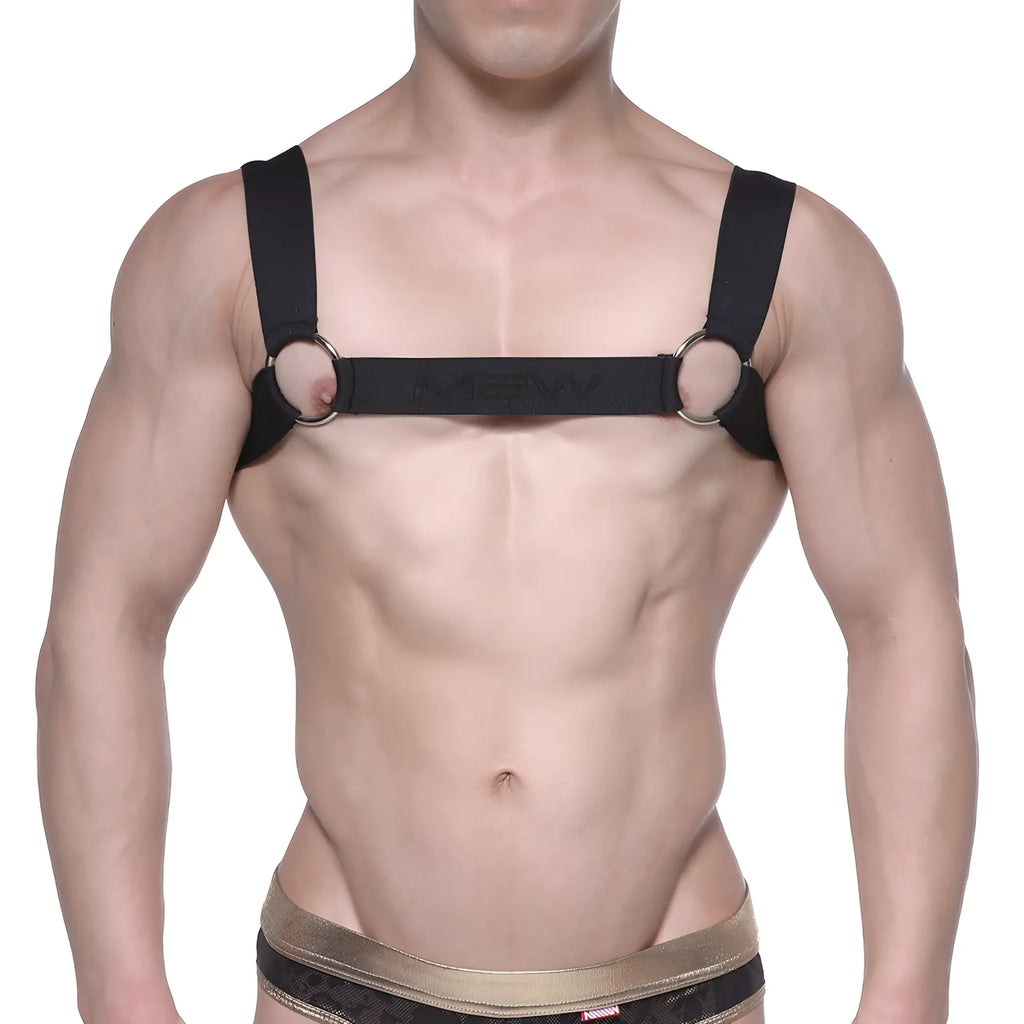 Black leather harness with metallic rings and central strap featuring MetroMaleWear logo in black 1200-20 design