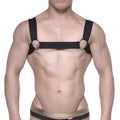 Black leather harness with metallic rings and central strap featuring MetroMaleWear logo in black 1200-20 design