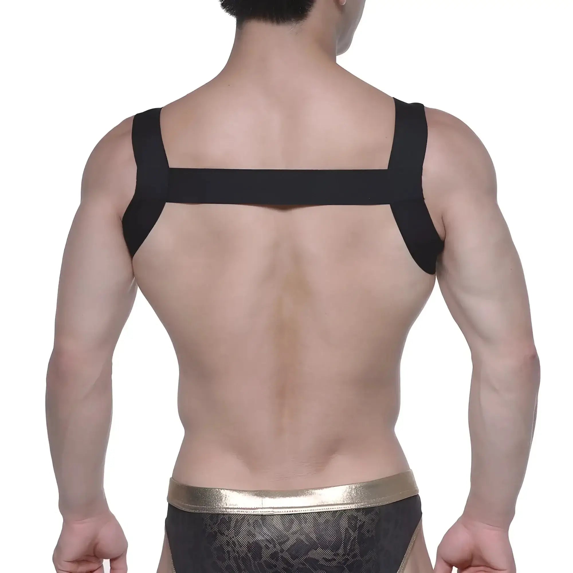 Back view of metro malewear logo harness black elastic strap with shoulder straps and central band