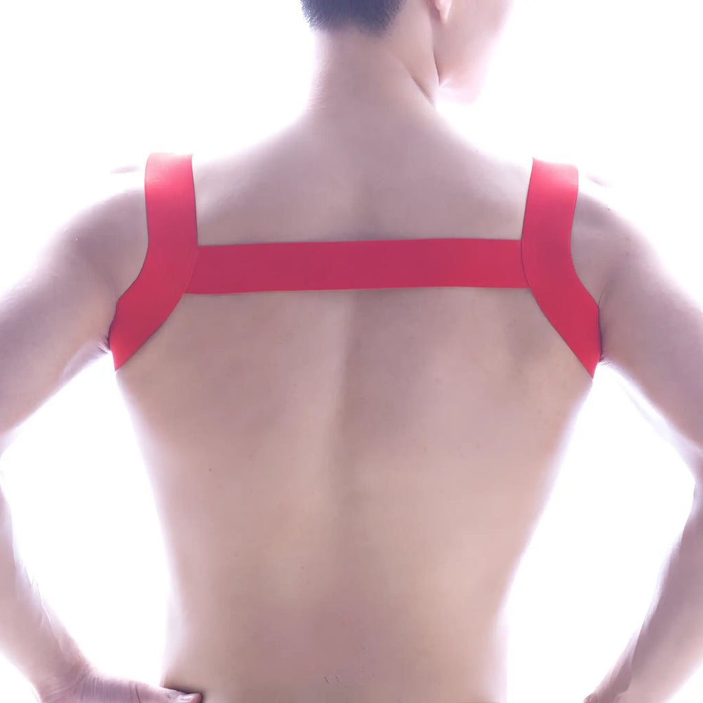 Back view of MetroMaleWear logo harness red 1200-12 featuring red adhesive tape in an x-shaped pattern on the back