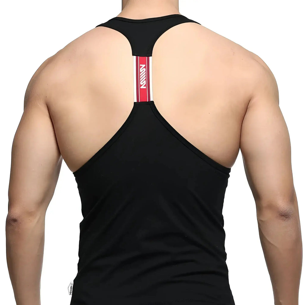 Back view of black metroMalewear racerback tank top with red and white vertical stripe down center of back