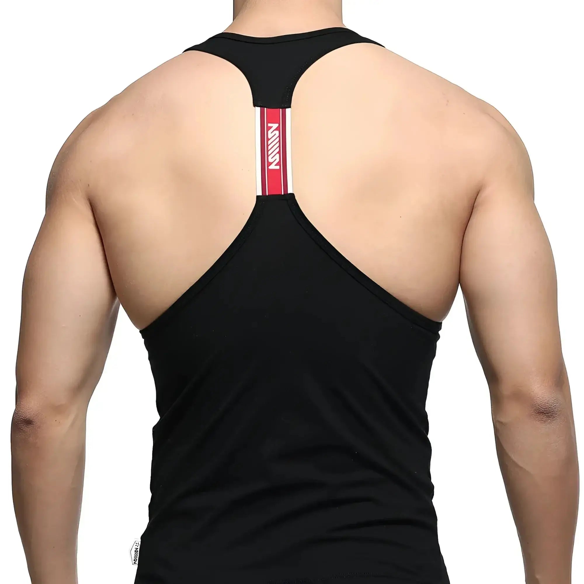 Back view of black metroMalewear racerback tank top with red and white vertical stripe down center of back