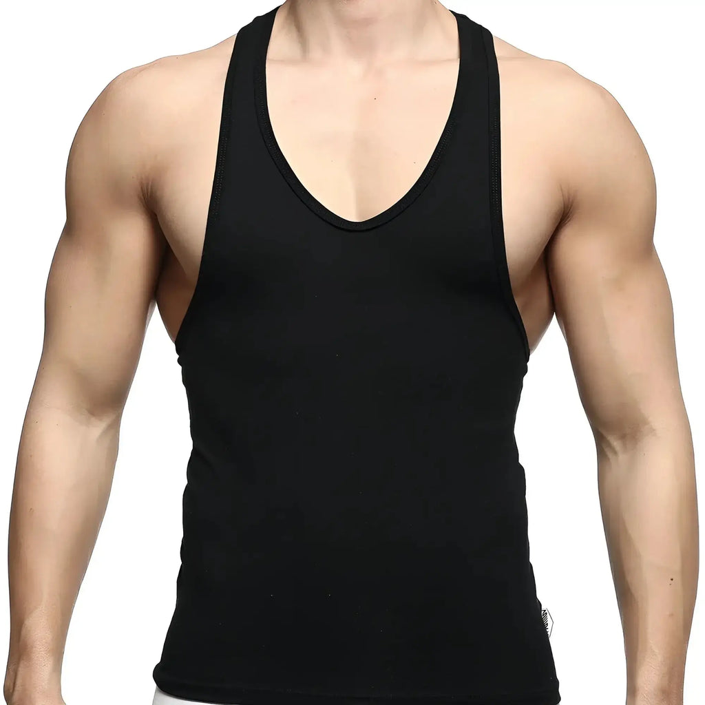Black sleeveless MetroMaleWear tank top with deep v-neckline and ribbed trim for casual summer wear