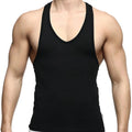 Black sleeveless MetroMaleWear tank top with deep v-neckline and ribbed trim for casual summer wear
