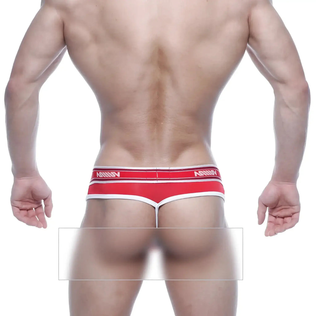 Red and white metro male wear loreto g-string featuring sleek design with manny brand name on the waistband