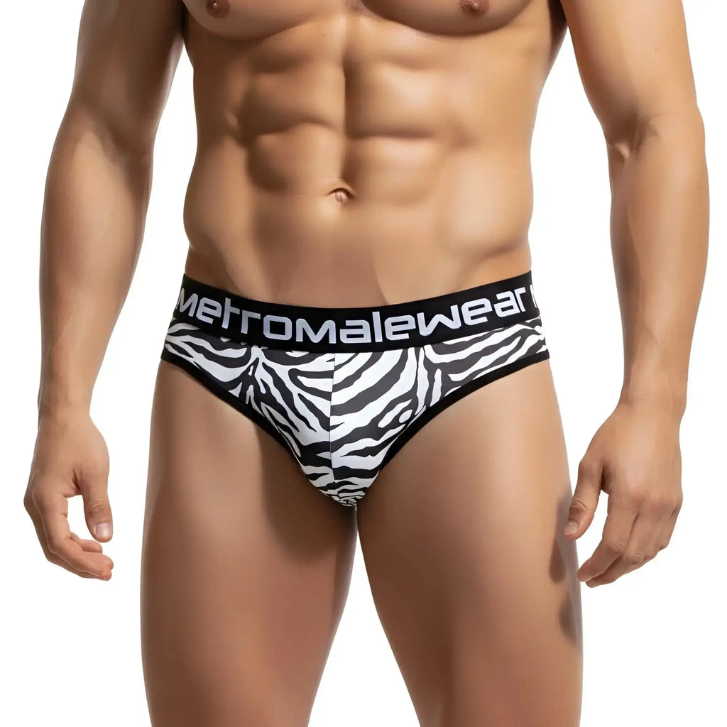 Black and white zebra print mens briefs with black metro male wear waistband in a metro male wear loreto g string design
