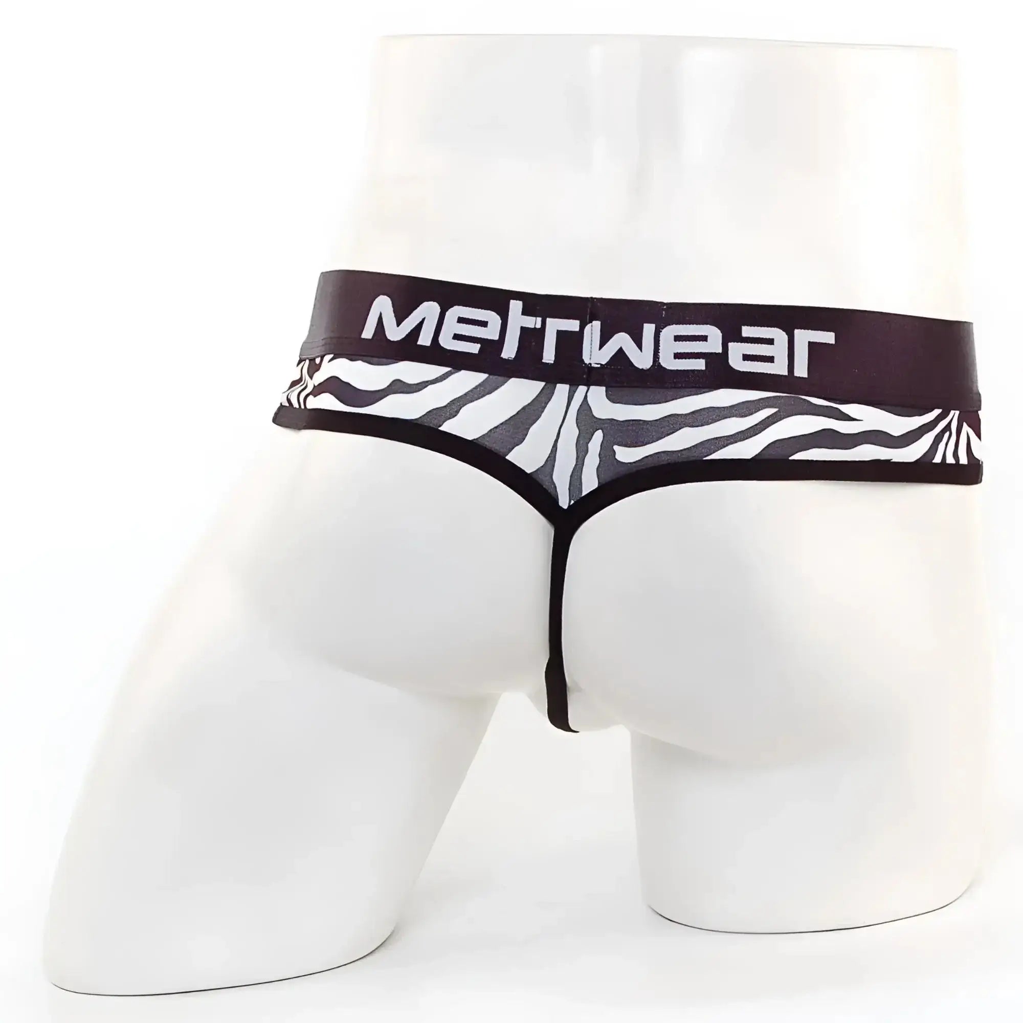 MetroMaleWear Loreto G-string zebra print thong with black waistband featuring brand name in white lettering front view