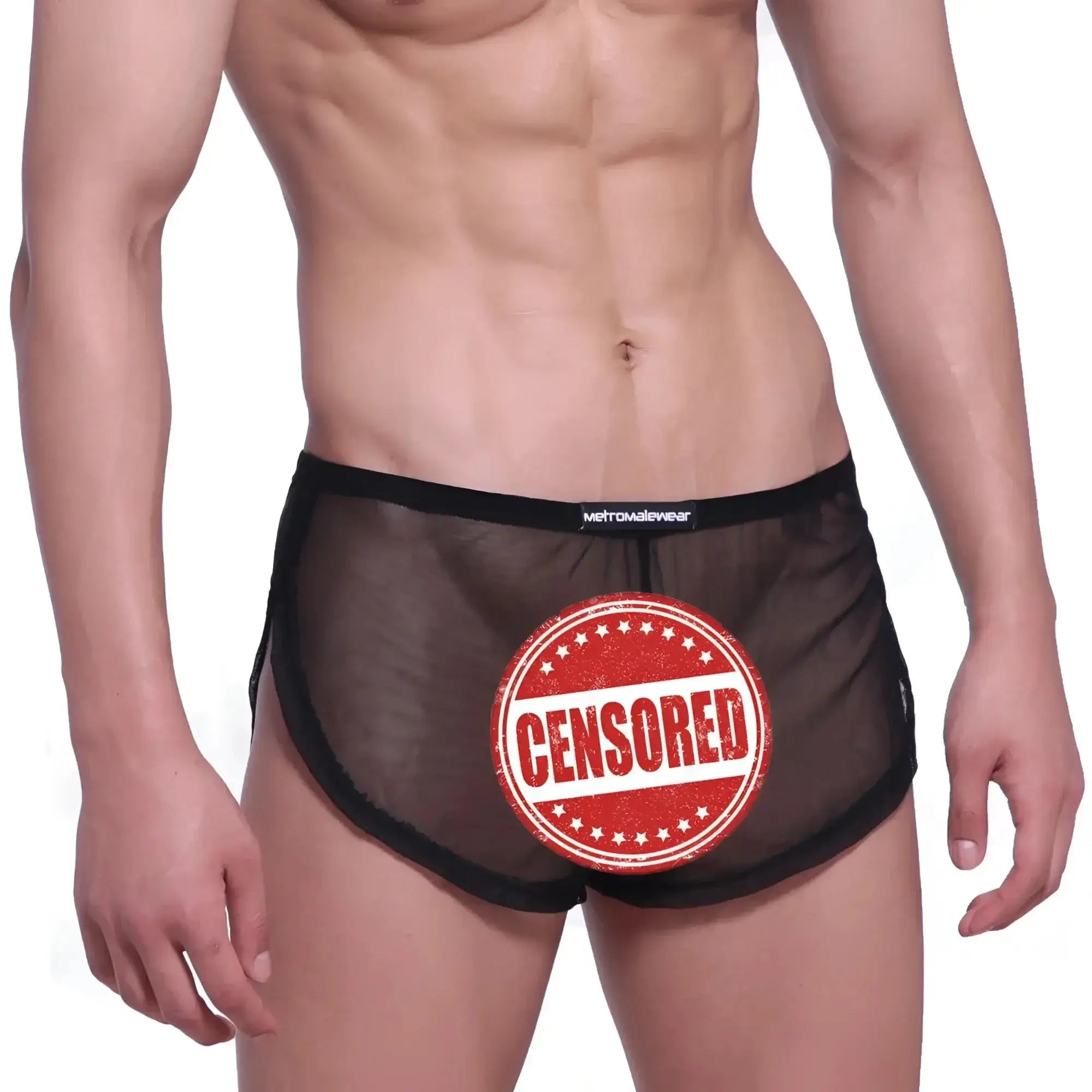 Black sheer mesh briefs with black elastic waistband branded metromalewear.