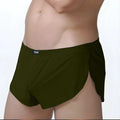 Dark olive green metroMalewear lounge split boxer briefs with sleek form-fitting design and black waistband logo