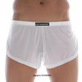 White sheer men’s briefs with black waistband and metromalewear label metro male wear lounge split boxer white 2008-00
