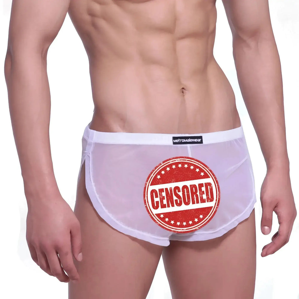 White mesh metro malewear lounge split boxer briefs with red censored stamp and black brand tag