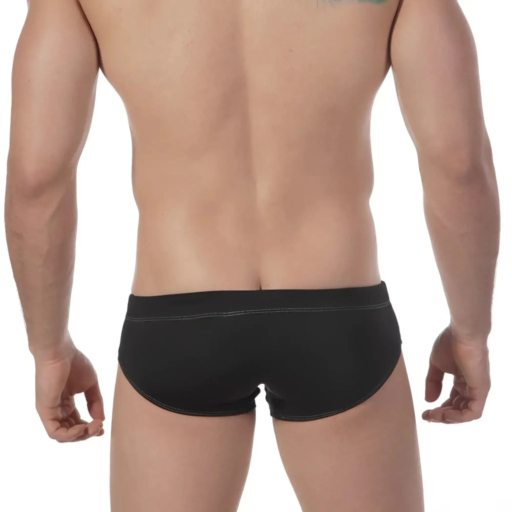 MetroMaleWear lowrise swim brief black with contrasting white stitching along waistband and leg openings