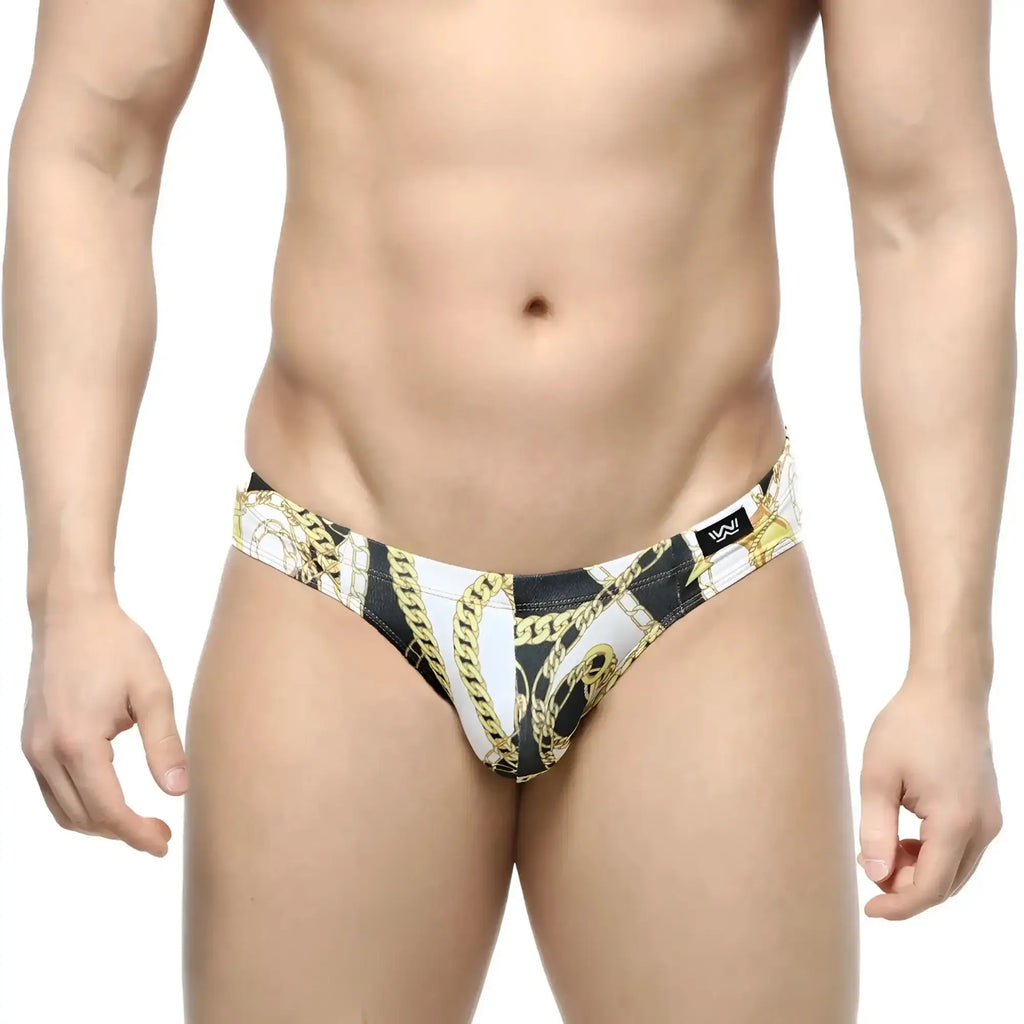 MetroMaleWear Lujo Bikini black and white swim trunks with bold gold chain pattern for stylish beachwear