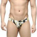 MetroMaleWear Lujo Bikini black and white swim trunks with bold gold chain pattern for stylish beachwear
