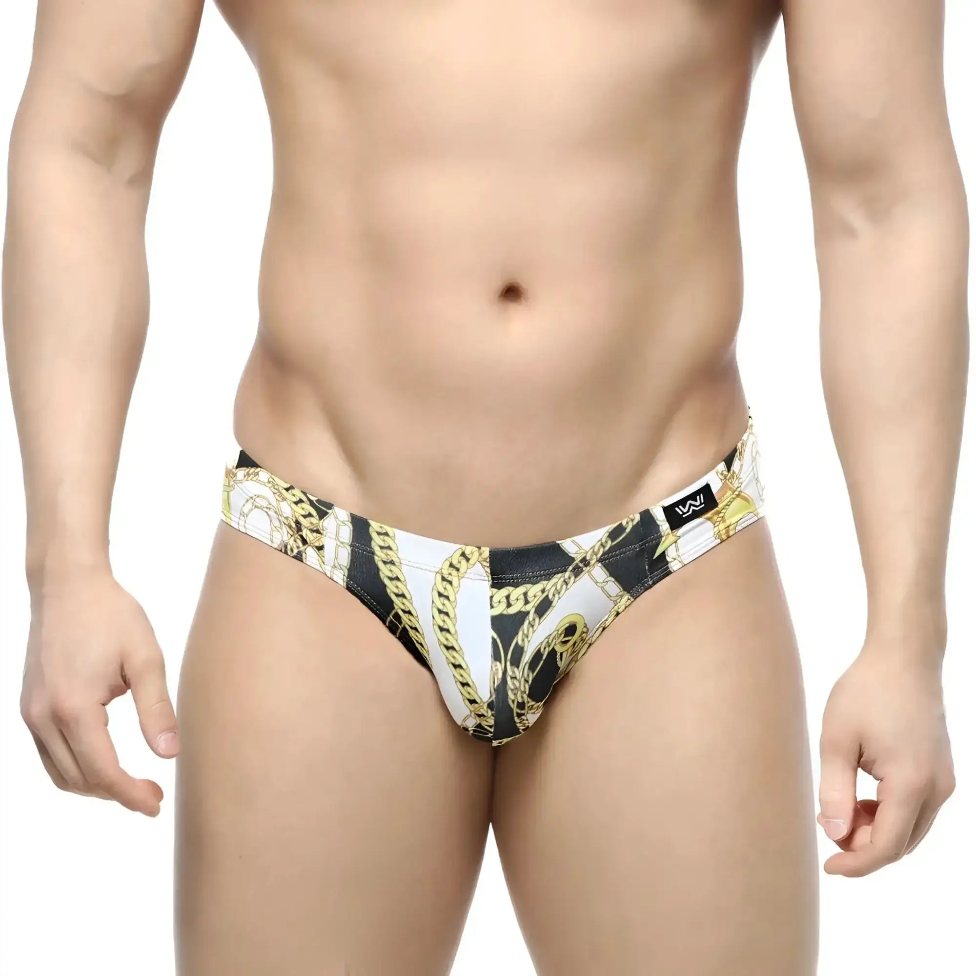 MetroMaleWear Lujo Bikini black and white swim trunks with bold gold chain pattern for stylish beachwear
