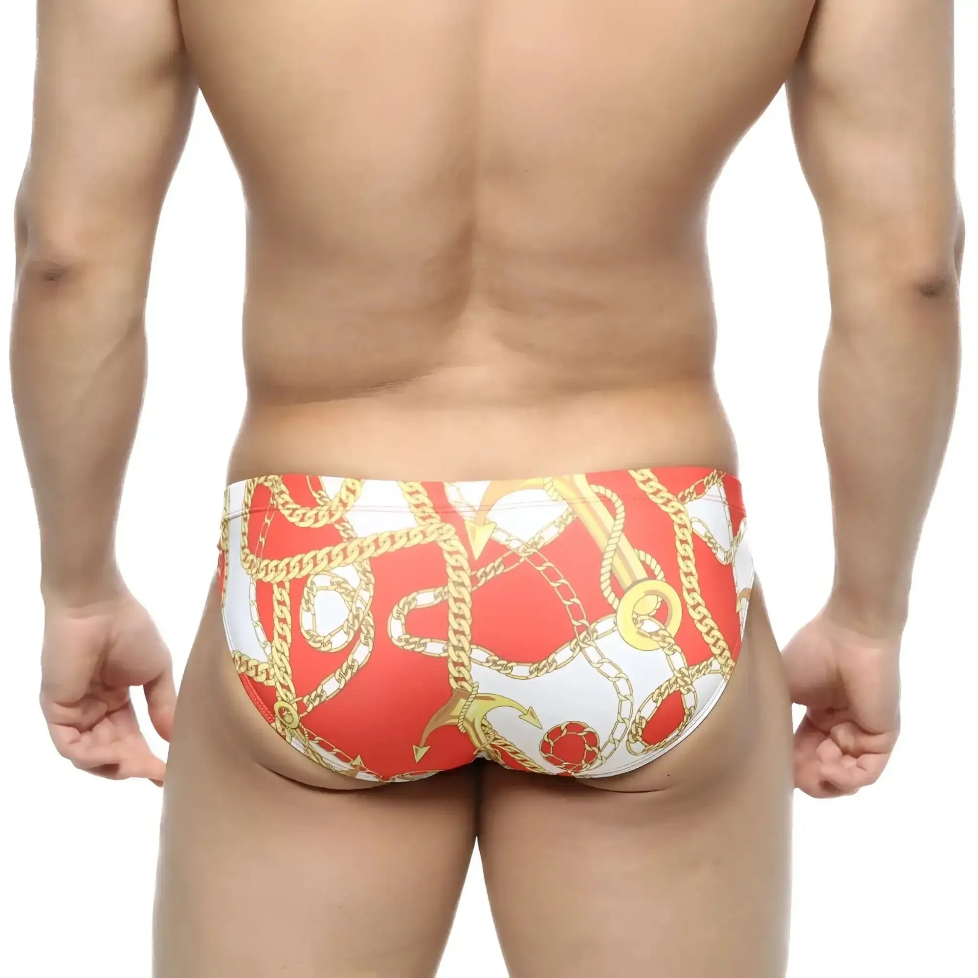 MetroMaleWear Lujo bikini red swim trunks with bold gold chain and anchor pattern in red and white