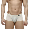 Cream-colored MetroMaleWear Lupin trunk 2026-05 men’s briefs with smooth stretchy fabric and black logo waistband patch