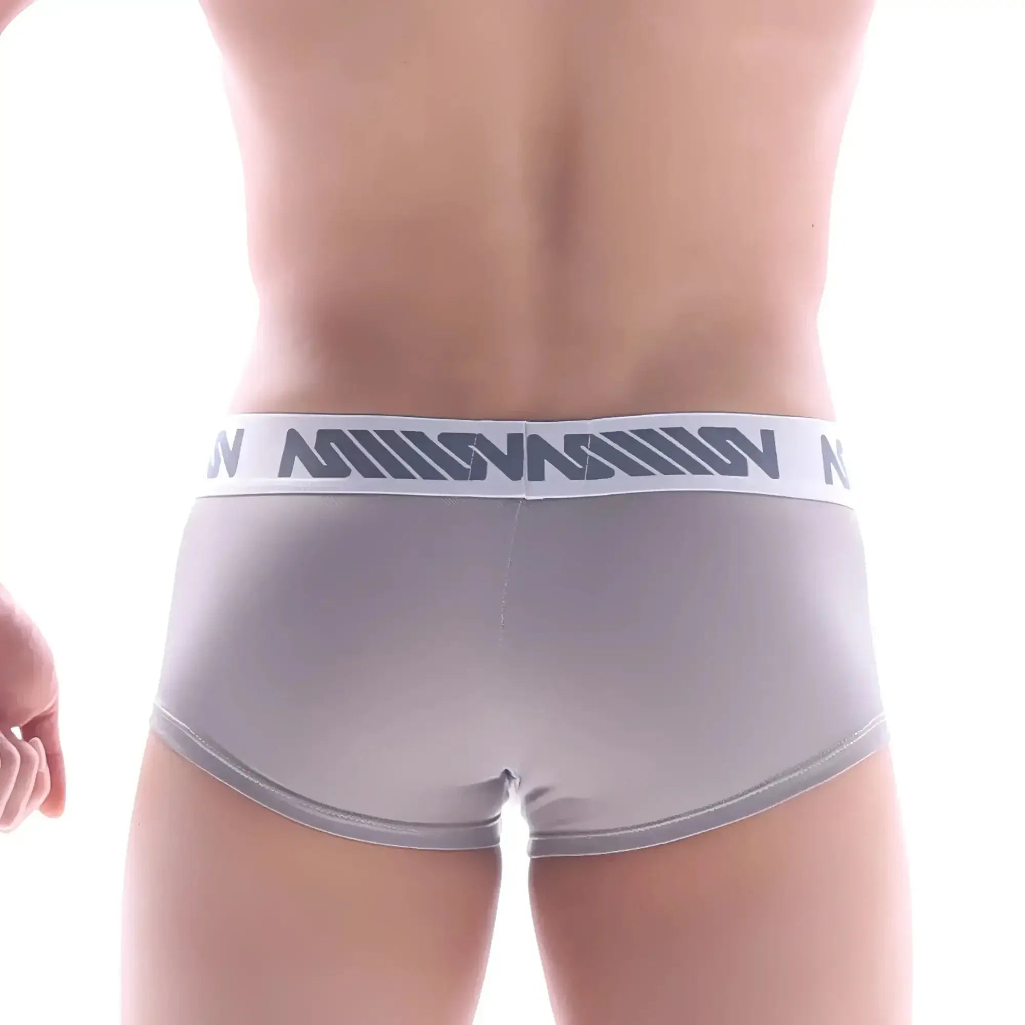 Gray men’s briefs with white elastic waistband featuring dark gray n logo pattern from metromalewear lux boxer beige 2026-51