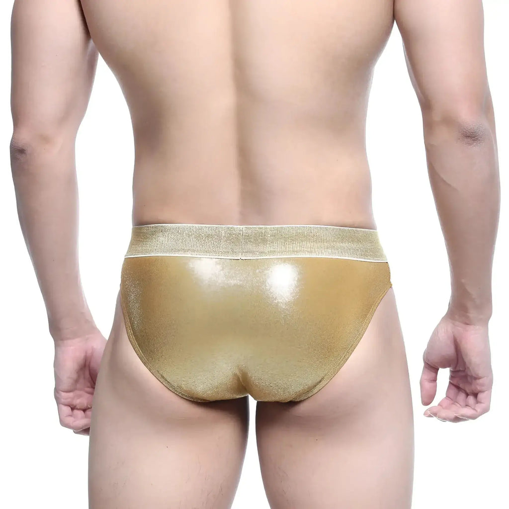 MetroMaleWear Luxor swim brief shiny gold metallic with textured glittery finish and matching elastic waistband