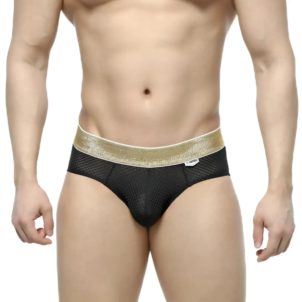 MetroMaleWear luxury hip brief black mesh with a shimmering gold waistband for stylish underwear wear