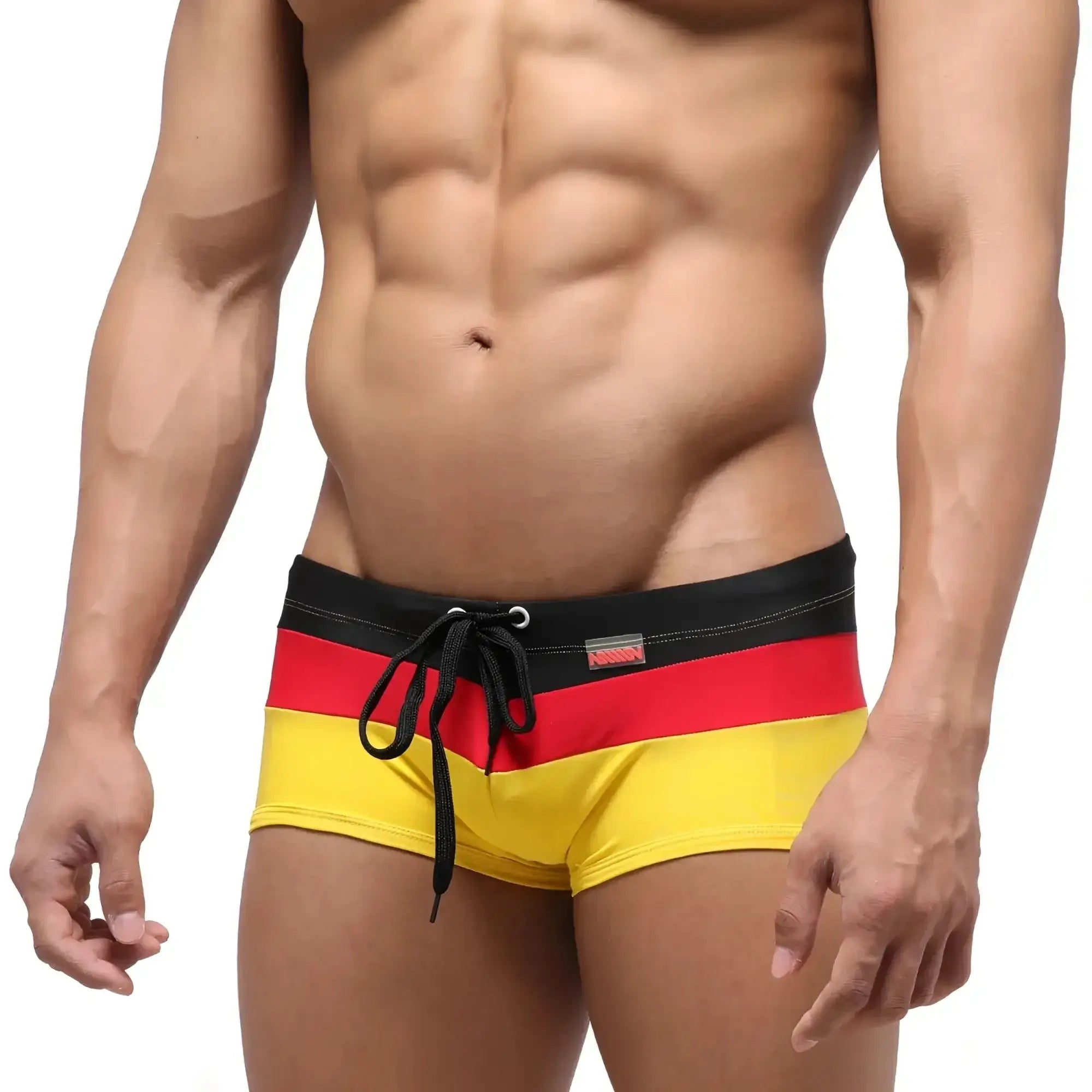MetroMaleWear Lycos swim trunk yellow 4938-15 with bold black red and yellow horizontal stripes and drawstring waistband