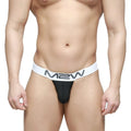 Black m2w brand briefs with white waistband and m2w logo in black lettering from MetroMaleWear pocket thong oscuridad 3202-22
