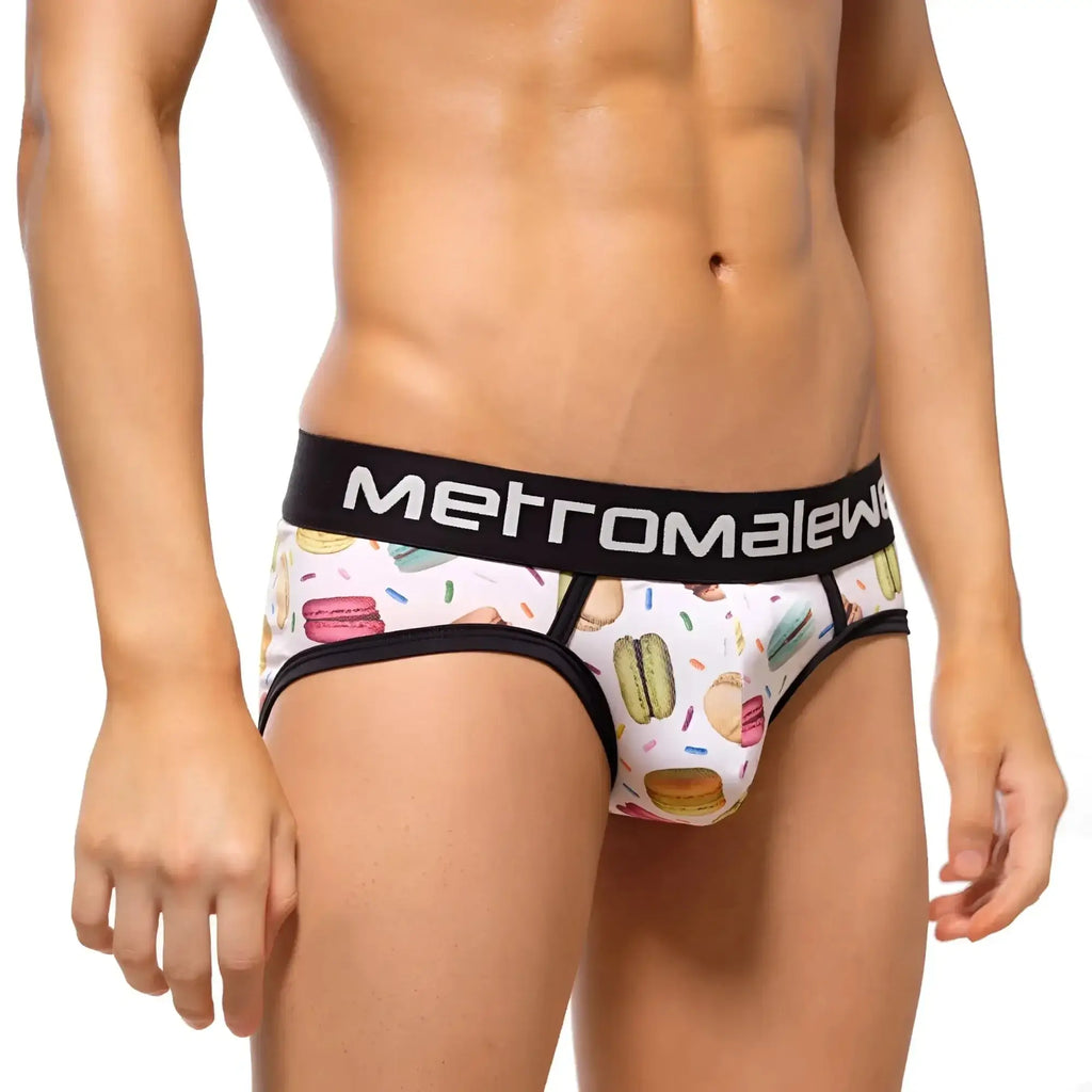 White men’s briefs with playful macaron and sprinkle pattern and black metromalew branded waistband
