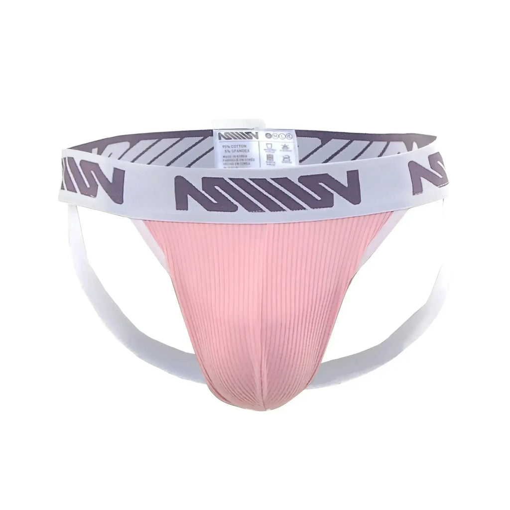 Pink ribbed athletic brief with white waistband featuring gray n logos from metromalewear magic jock strap