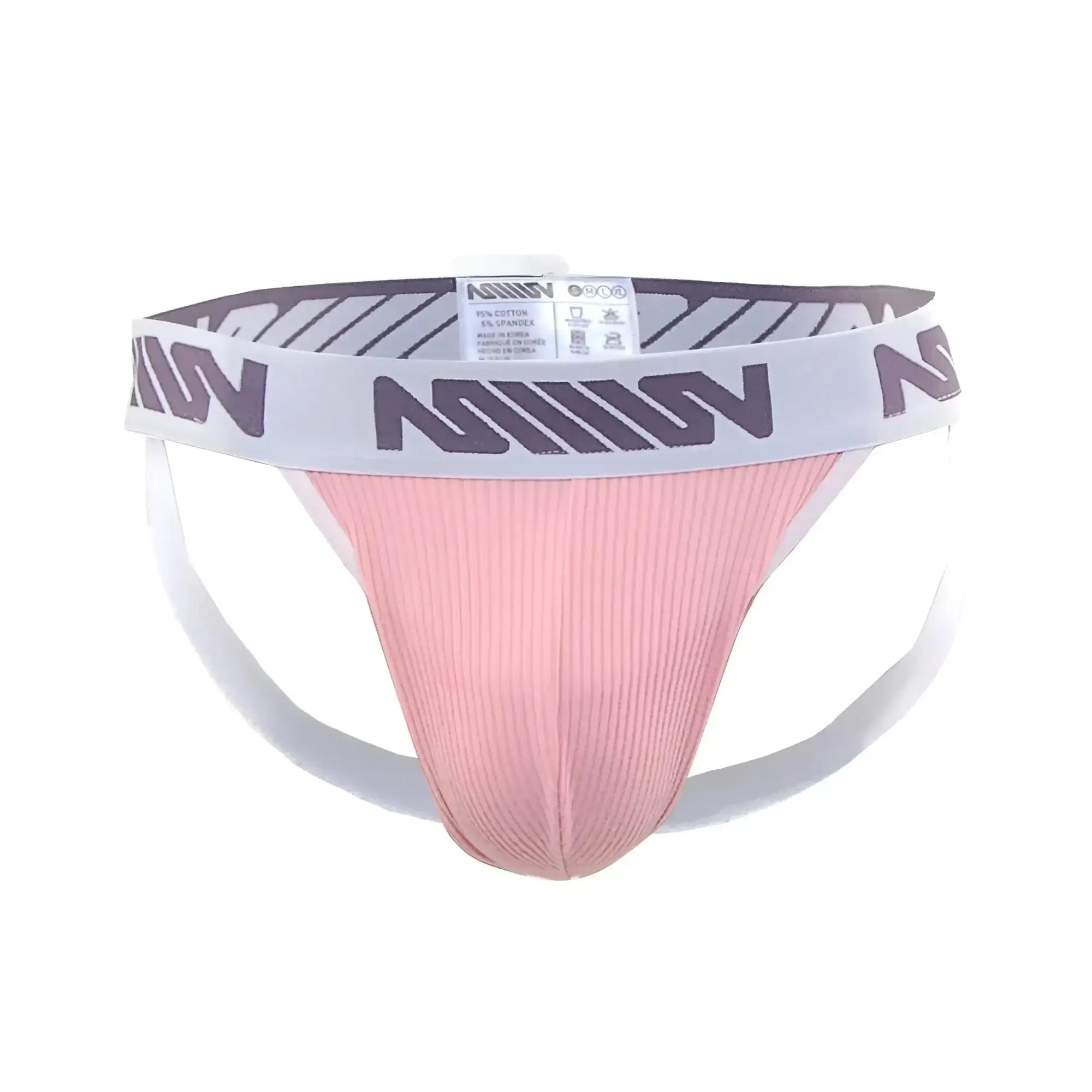 Pink ribbed athletic brief with white waistband featuring gray n logos from metromalewear magic jock strap