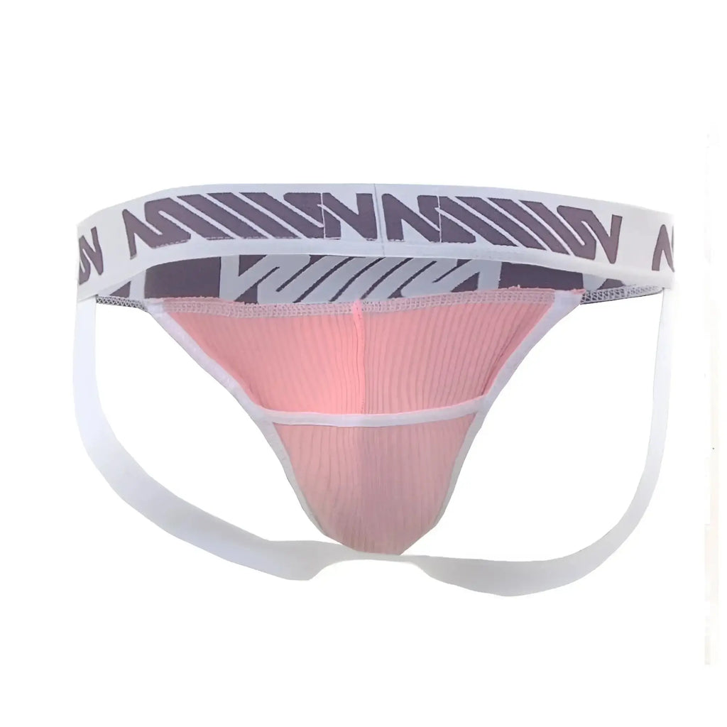 Pink ribbed athletic briefs with white waistband and bold purple gray geometric logo from MetroMaleWear Magic Jock Strap