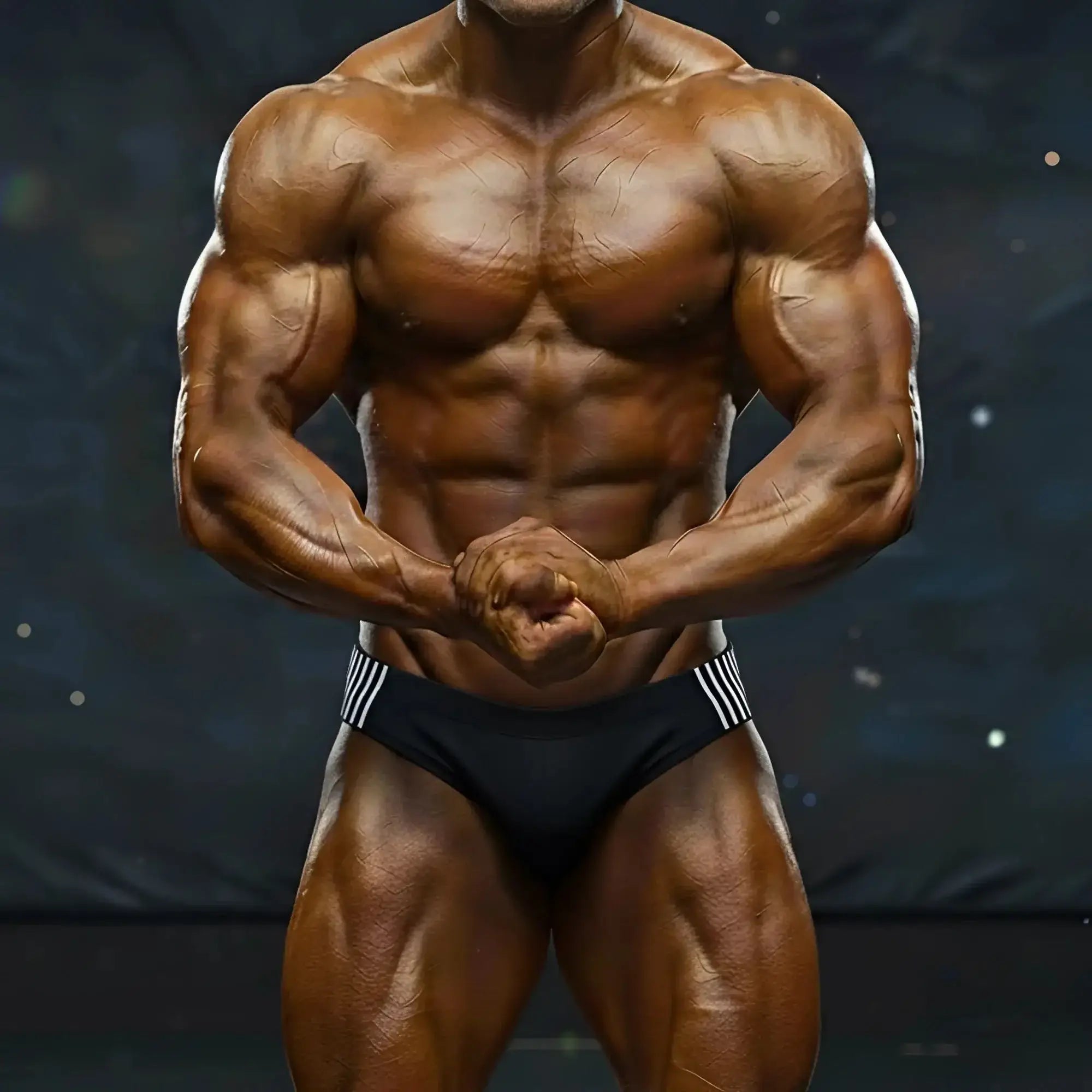 A muscular male bodybuilder wearing black MetroMaleWear magnetic swim bikini briefs with white striped waistband