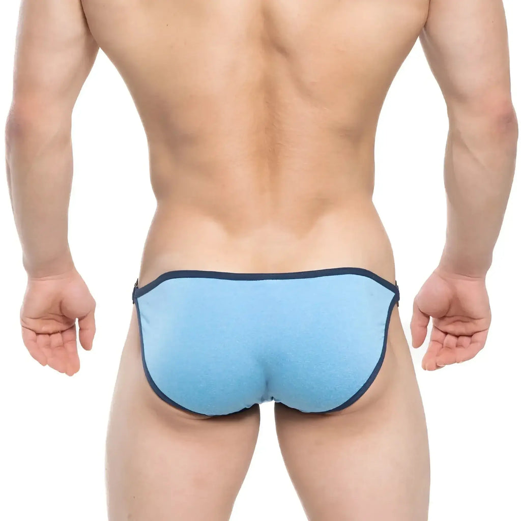 Light blue textured fabric briefs with dark navy trim from MetroMaleWear Mahana Bikini Blue 6204-08 collection