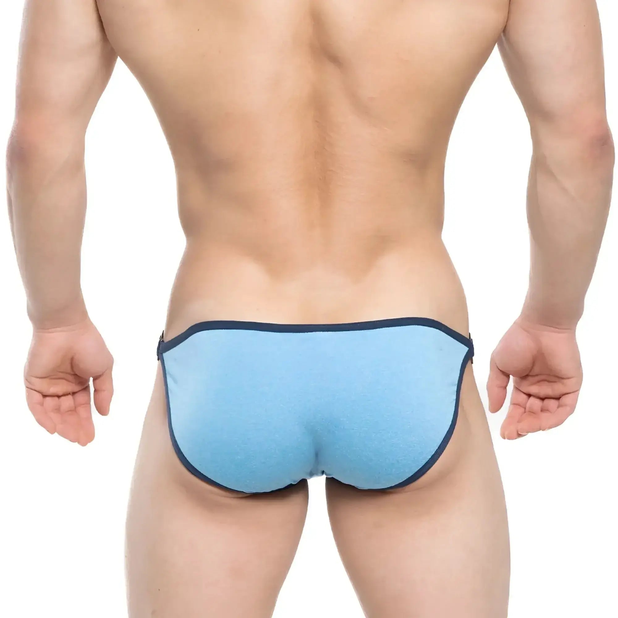 Light blue textured fabric briefs with dark navy trim from MetroMaleWear Mahana Bikini Blue 6204-08 collection