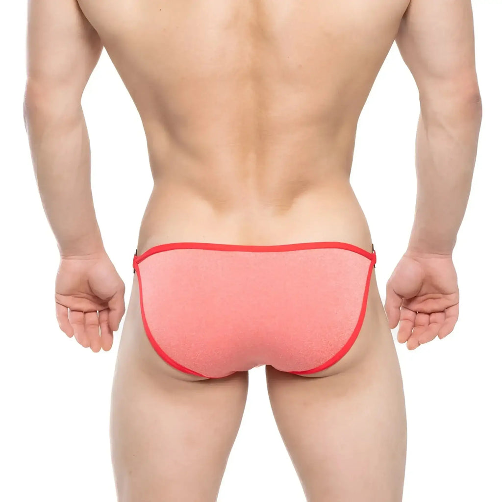 Coral-colored textured metro malewear mahana bikini brief with bold red trim for stylish swimwear look