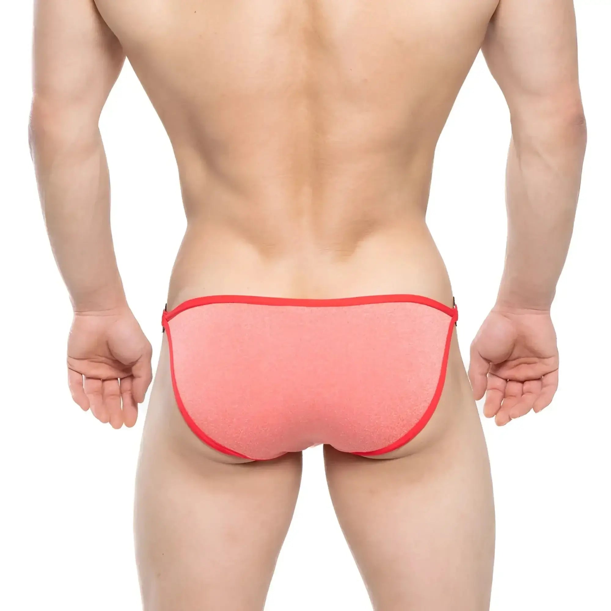 Coral-colored textured metro malewear mahana bikini brief with bold red trim for stylish swimwear look