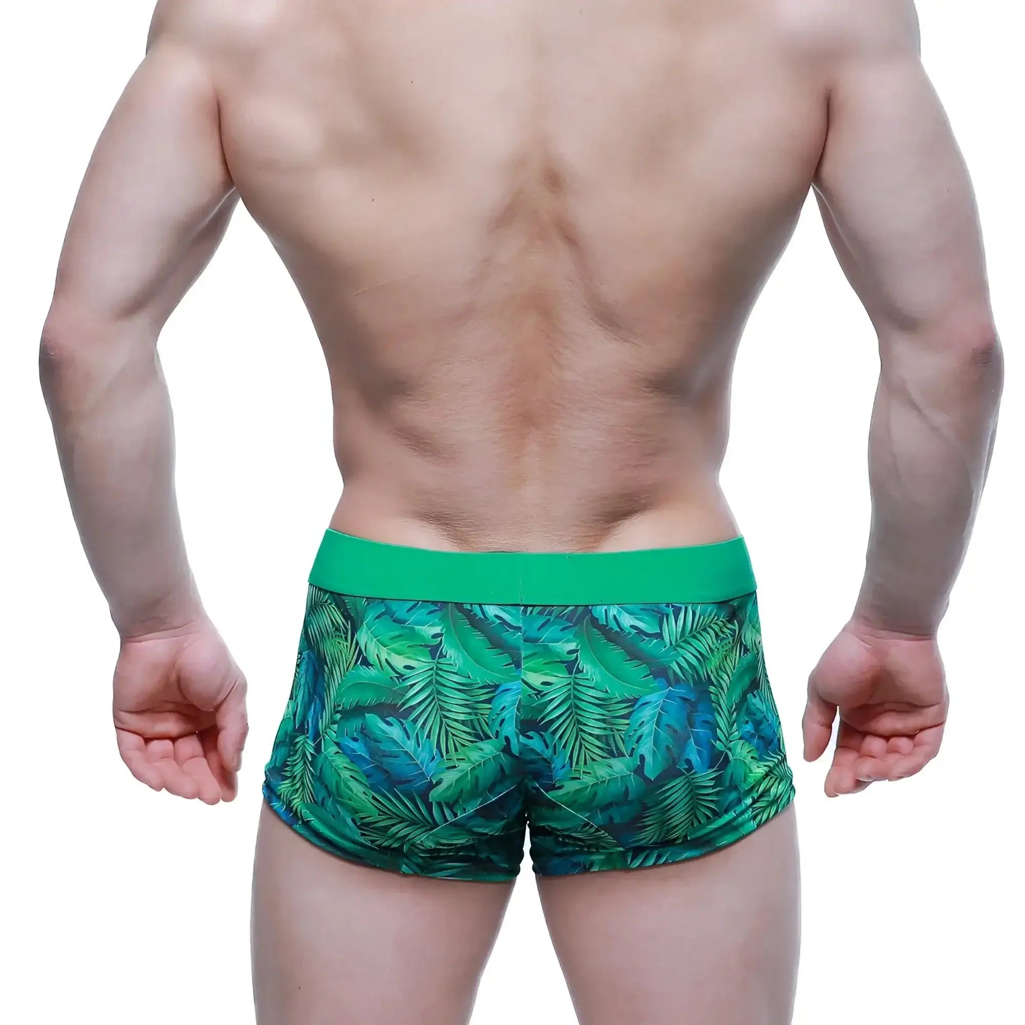 MetroMaleWear maintenant boxer brief celva 2122-69 green tropical leaf patterned swim trunks with solid green waistband