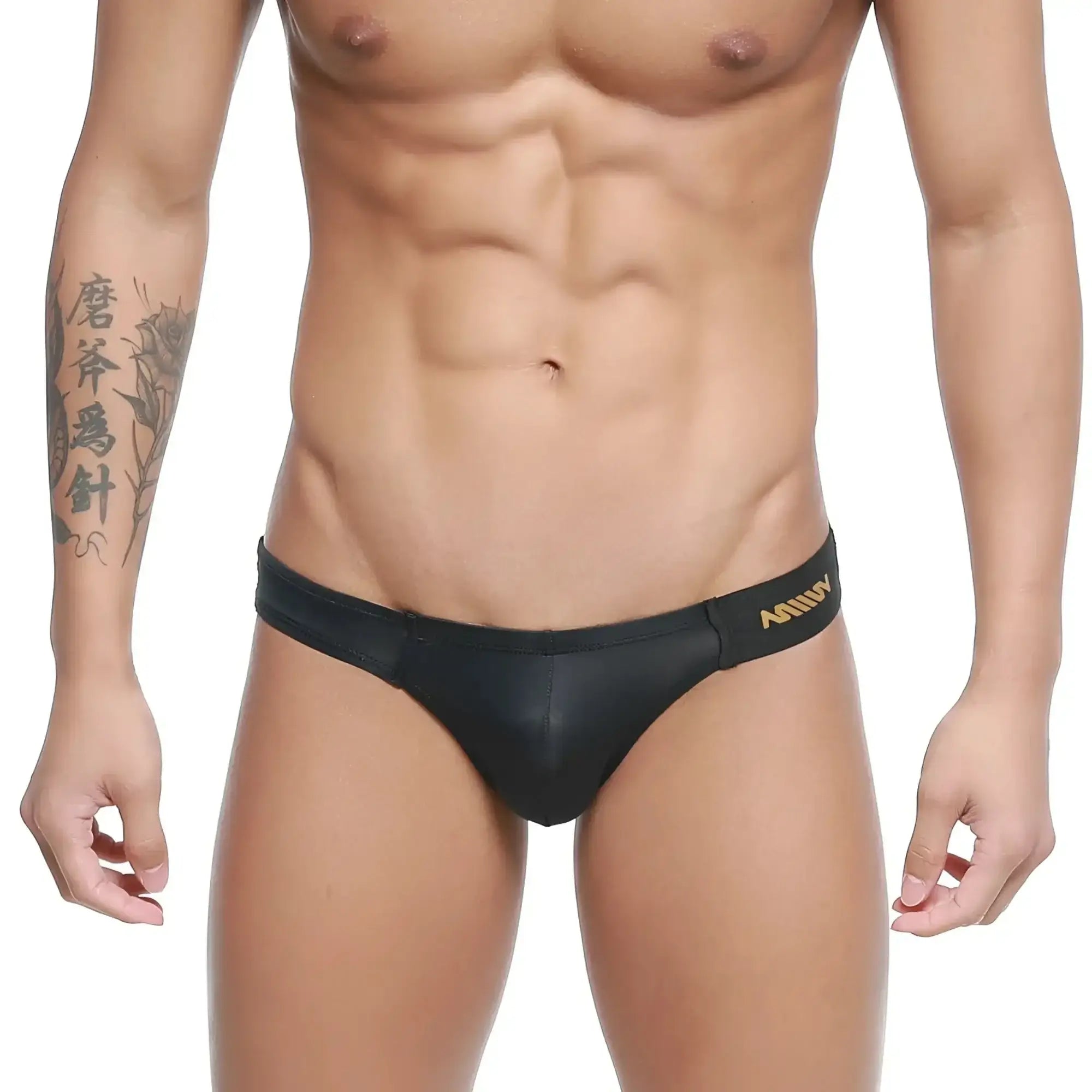 Black leather-like swim trunks with gold MetroMaleWear branding on the waistband model Malon Bikini 3603-29