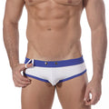 Metro malewear mar swim brief 4916-89 white and blue swim trunks with bold contrasting design for men’s swimwear